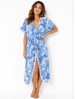 American & Beyond Blue Tropical Print Cover Up Kaftan Size S NWT Boho